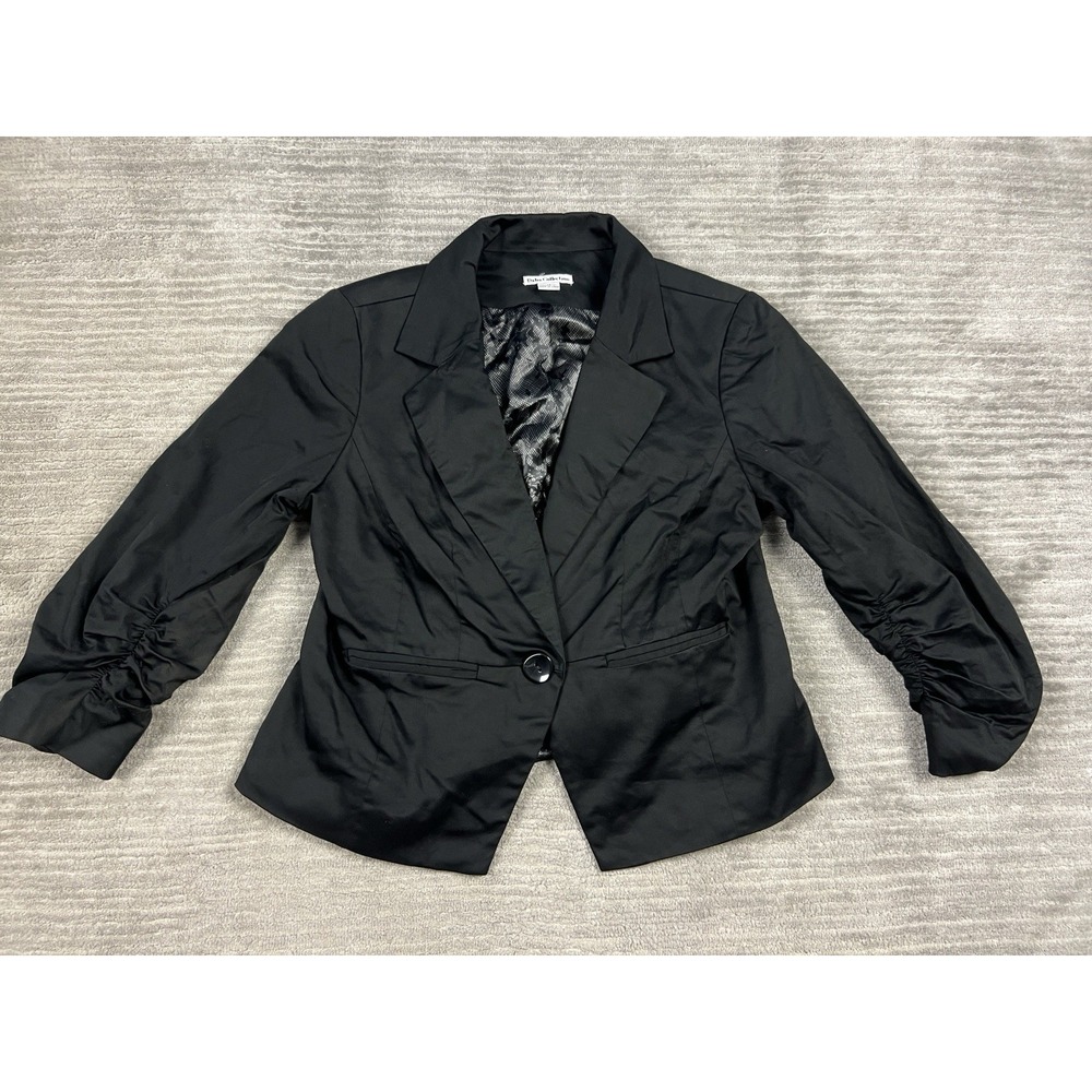 Dalia Collection Career Jacket Womens 14 Black Lined Cotton Blend Ruched Sleeve